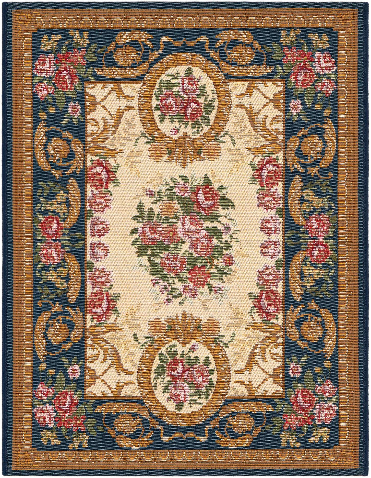 A 2x3 rectangular blue and ivory traditional rug with a central floral medallion and ornate border.