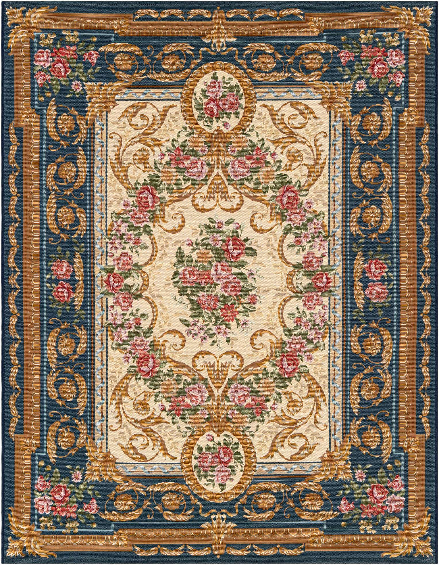 A 5x7 rectangular indoor/outdoor rug featuring a traditional floral medallion pattern in blues, ivories, and creams.