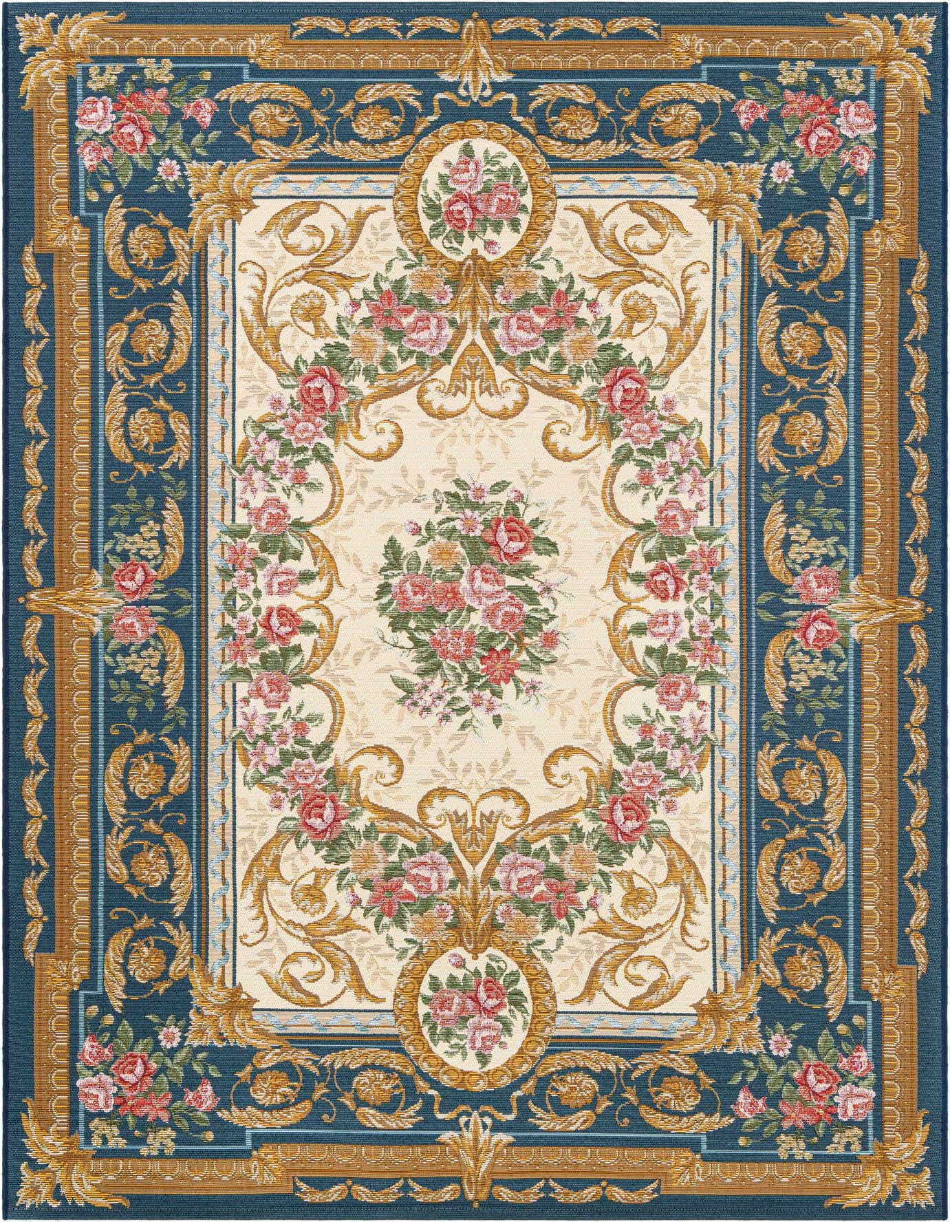 A rectangular 5x8 blue and ivory traditional rug with a central floral medallion and ornate gold scrollwork.
