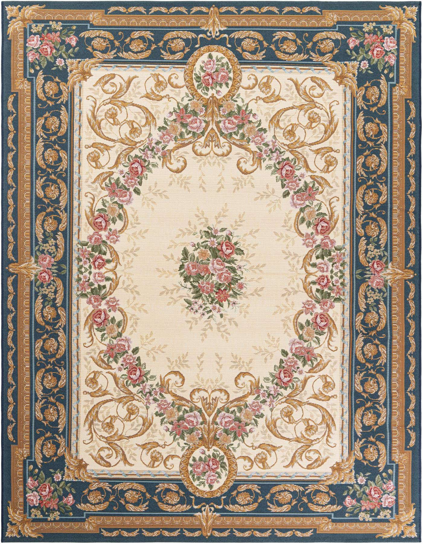 A 6x9 rectangular traditional rug with a cream center, intricate gold scrollwork, and a dark blue border featuring floral and medallion patterns.