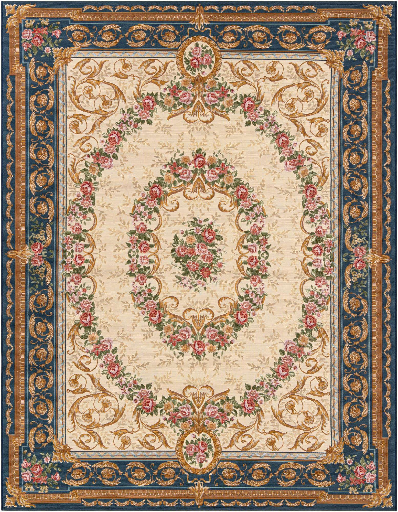 An 8x10 rectangular blue and ivory traditional oriental rug with a central floral medallion and ornate border.