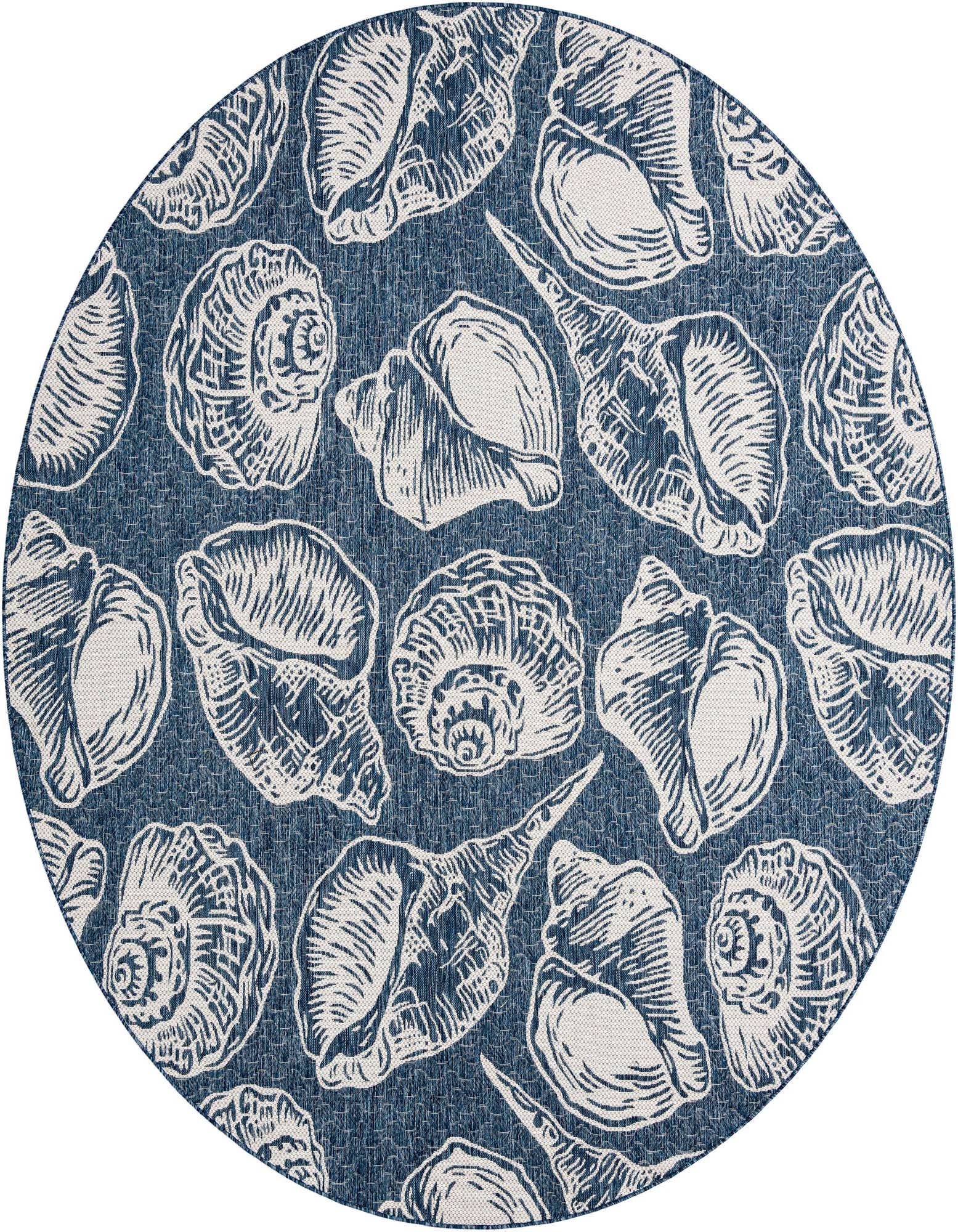 A round 10' blue indoor/outdoor rug with a white seashell pattern, suitable for a patio or deck.