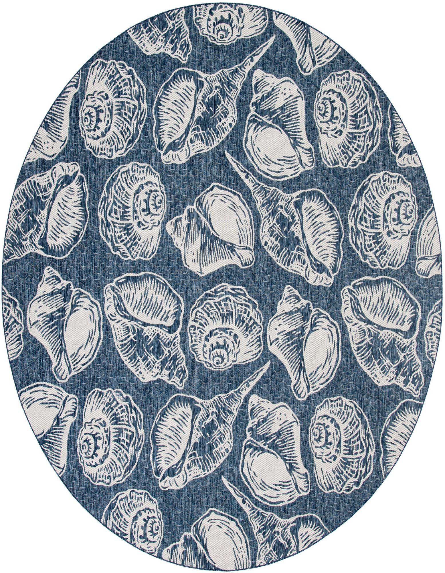 A round 12' blue and ivory coastal rug featuring a repeating pattern of various seashells, suitable for indoor or outdoor use.