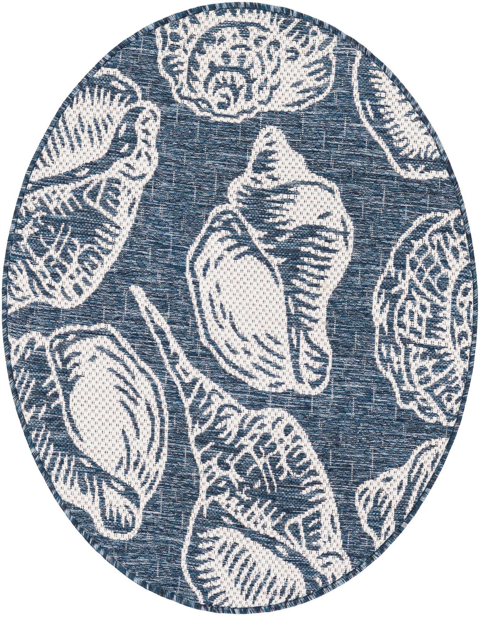 A round blue and ivory coastal rug featuring large seashell patterns, ideal for a patio or beach-themed room.