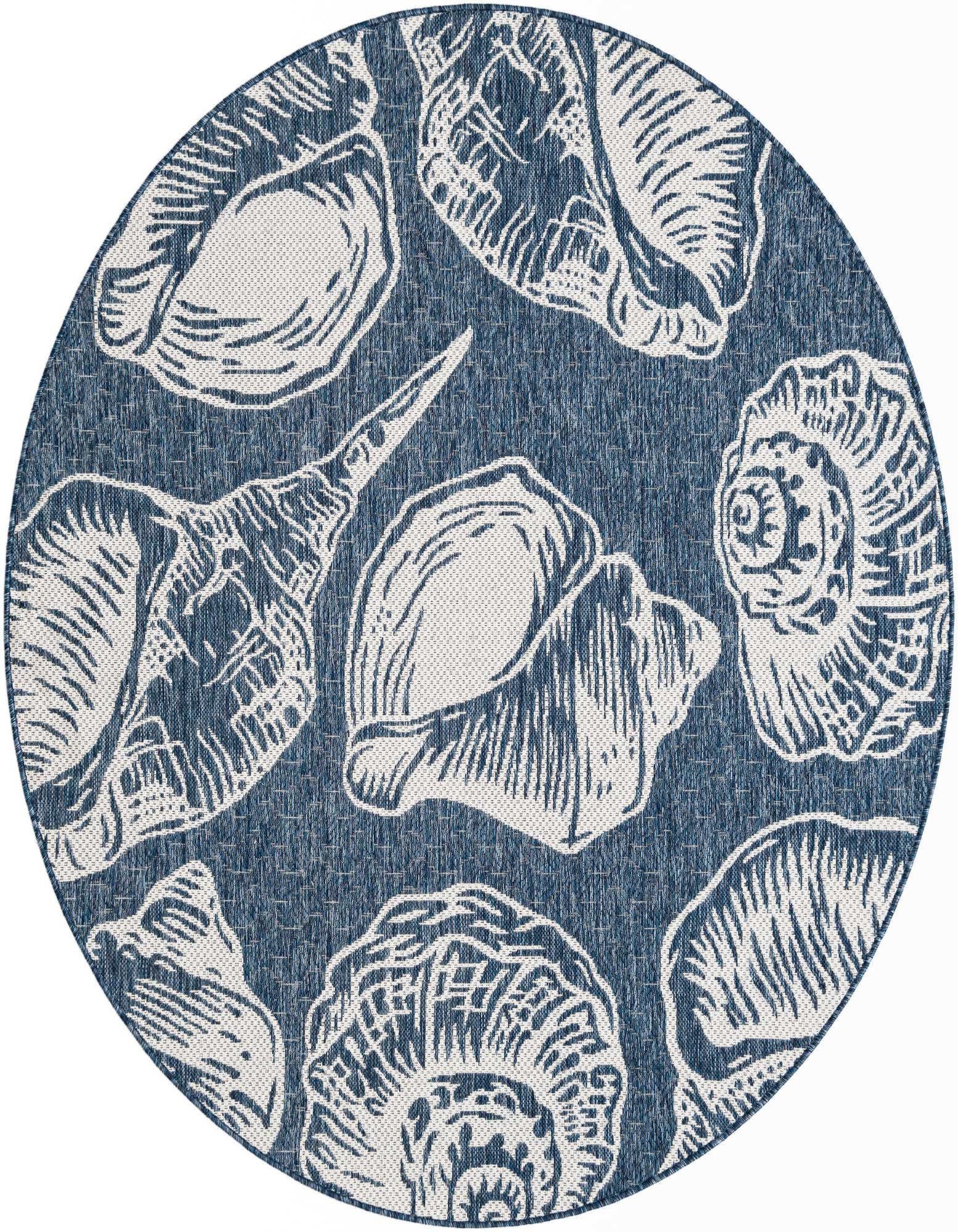 A round blue and ivory coastal rug featuring various seashell patterns, suitable for indoor or outdoor use.