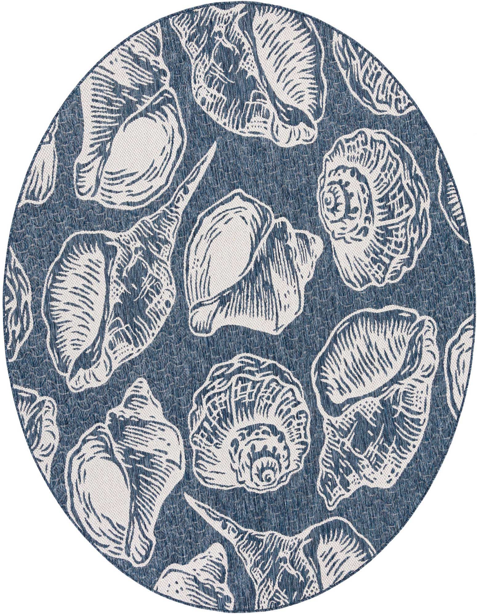 A round, 7'10" blue and ivory coastal rug with various seashell patterns, suitable for indoor or outdoor use.