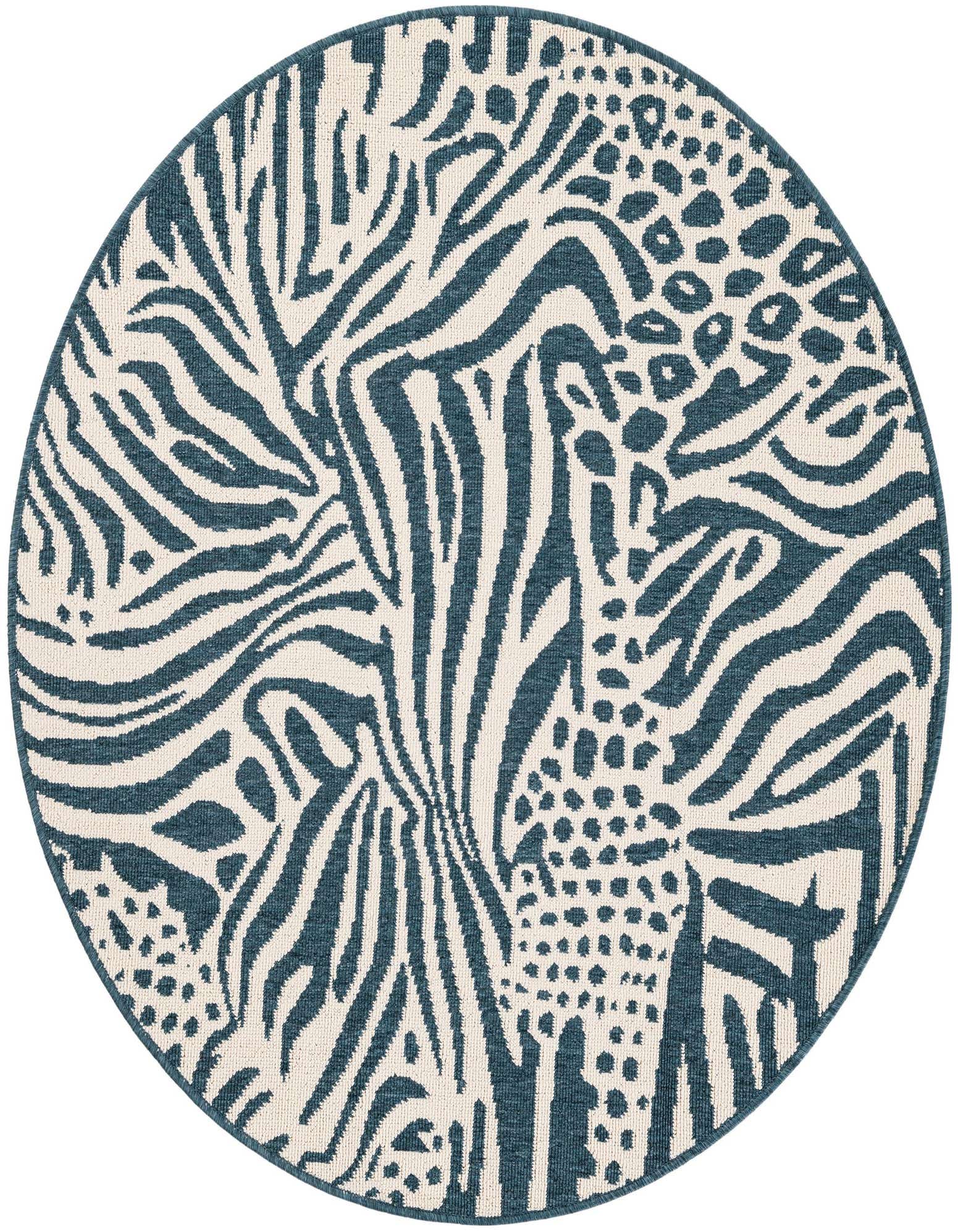 A 4' round blue and ivory rug with a modern safari animal print, featuring zebra stripes and leopard spots.