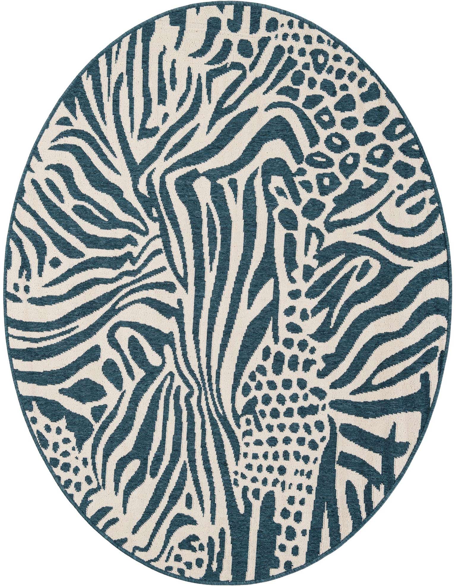 A 5' round blue and ivory modern rug featuring a mixed animal print pattern, suitable for indoor or outdoor use.