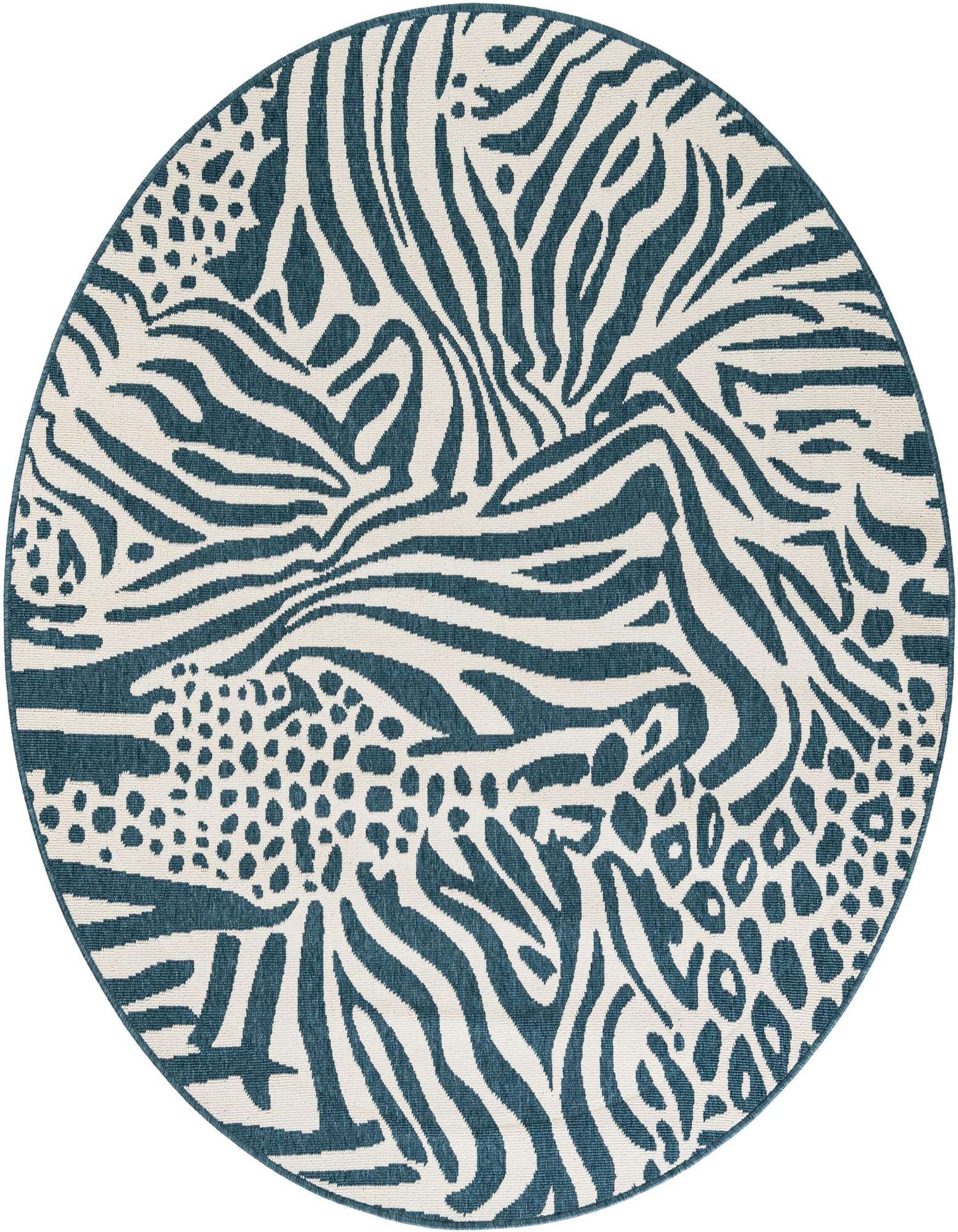A 6' round blue and ivory rug featuring a modern abstract animal print design, suitable for indoor or outdoor use.