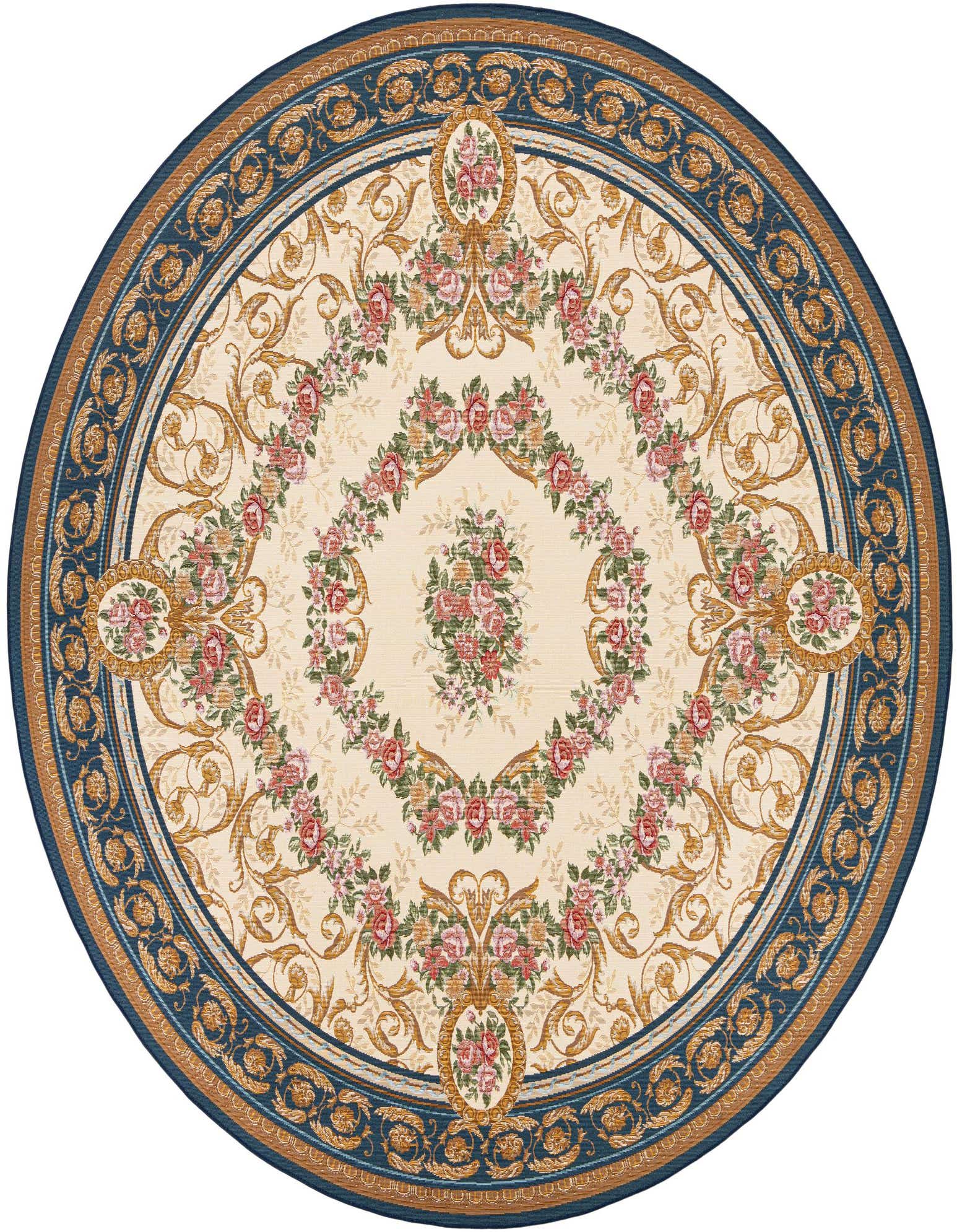 A 10-foot round blue and ivory traditional rug with a central floral medallion and ornate border, ideal for a patio.