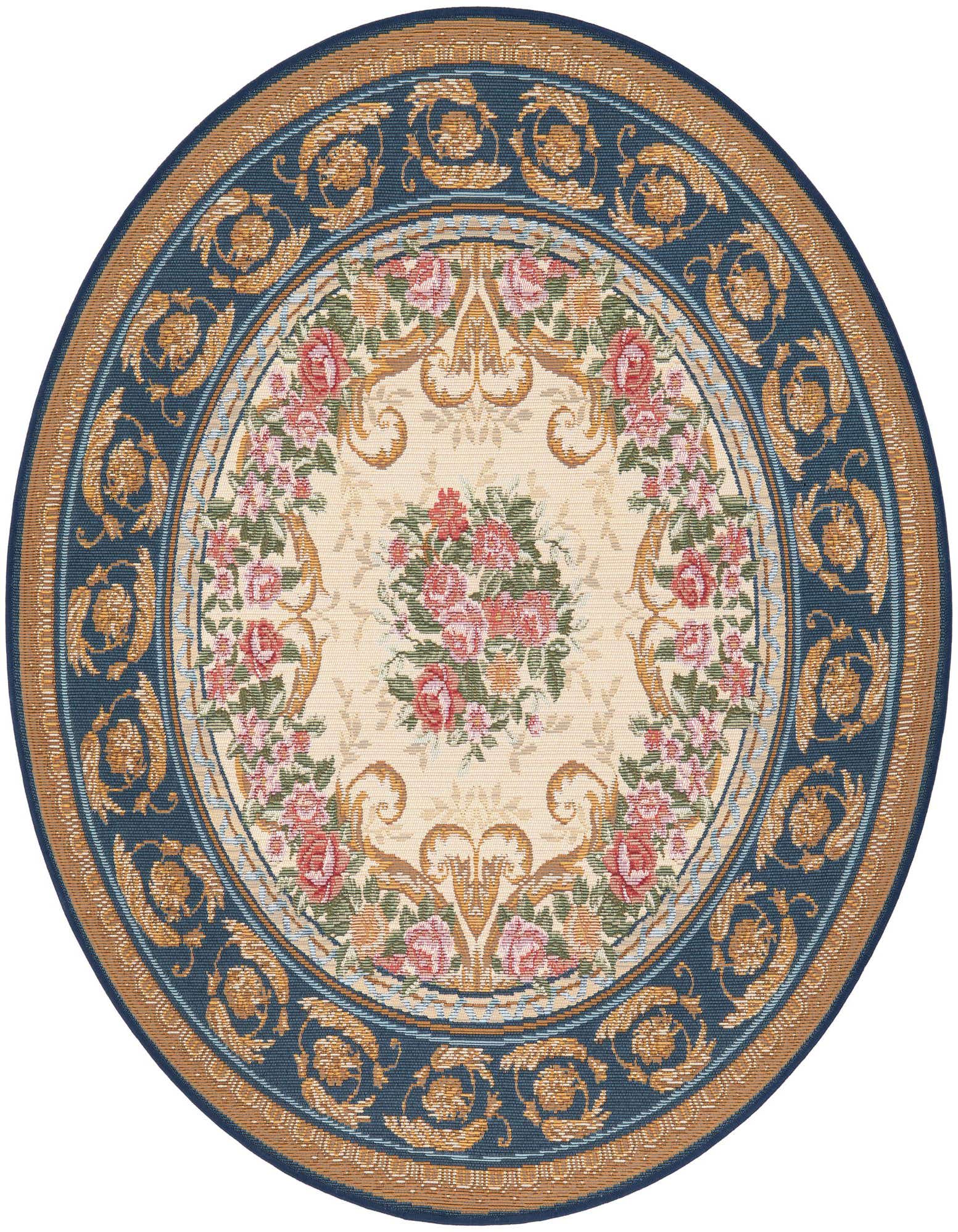 A 4' round blue and ivory rug with a classic floral pattern, featuring pink roses and gold scrollwork.
