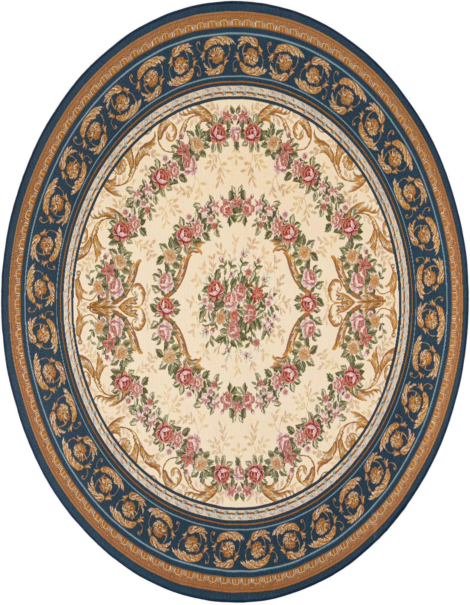 A round 7' 10 x 7' 10 blue and ivory traditional outdoor rug with a central floral medallion and ornate border.