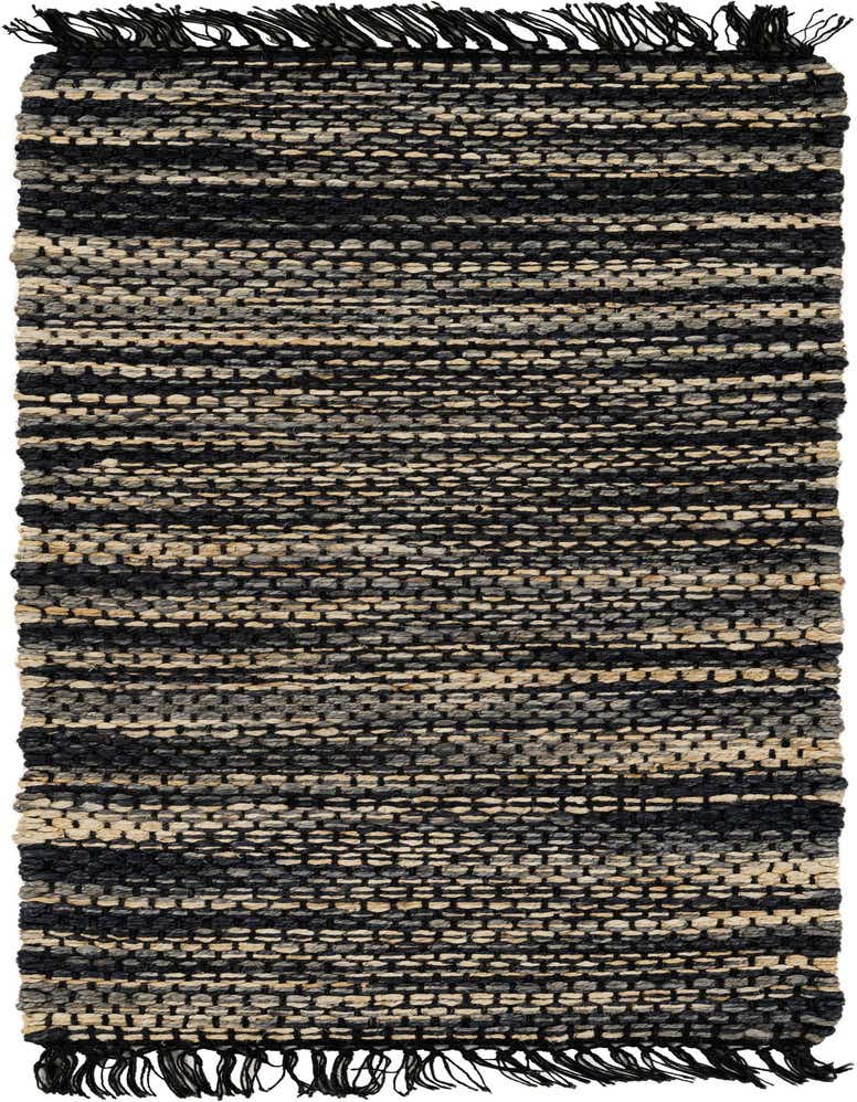 A 5 ft runner rug from the Chunky Jute collection, featuring a textured, striped pattern in varying shades of blue and cream, with fringe.