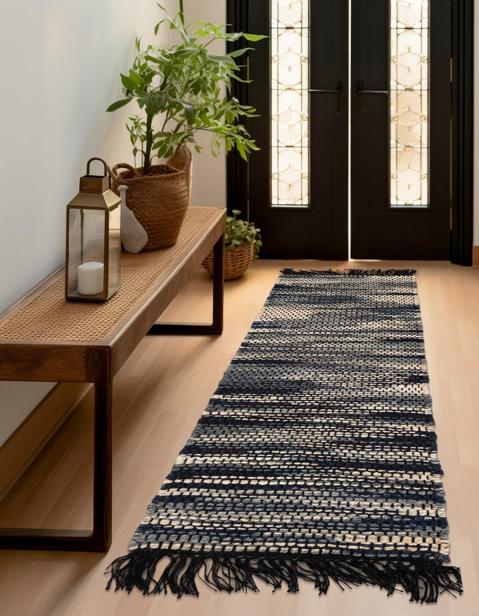 Navy Blue and Ivory 2' x 5' 1 Hand Woven Chunky Jute Runner Rug | Rugs.com