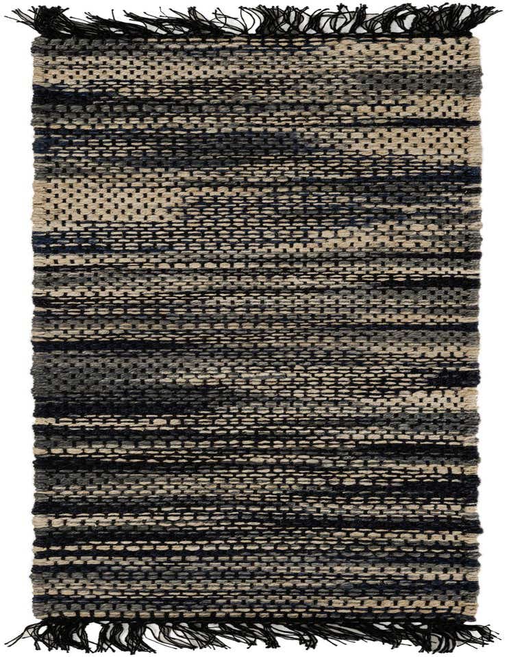A 6 ft runner rug with a textured, flatweave pattern in shades of blue, ivory, and cream, featuring black fringe.
