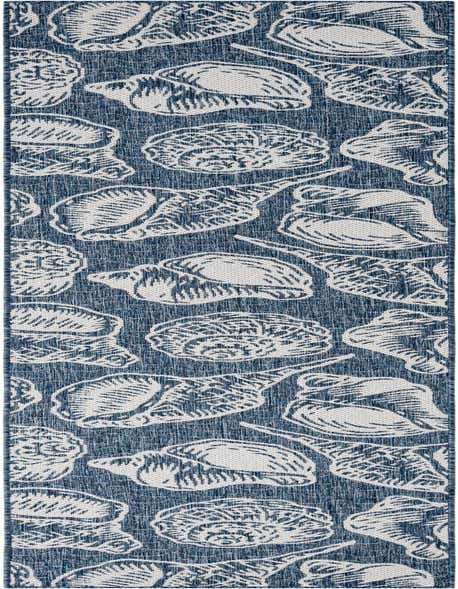 A 12 ft blue and ivory runner rug with a repeating coastal seashell pattern, suitable for a hallway or patio.