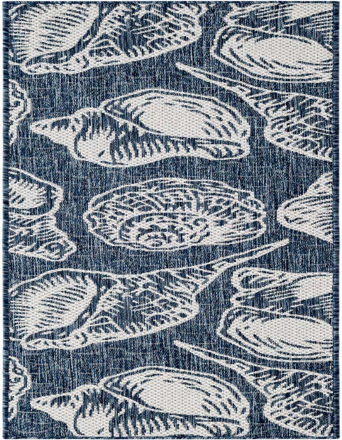 A 6 ft runner rug featuring a modern coastal pattern of white seashells on a textured blue background, perfect for a hallway or patio.
