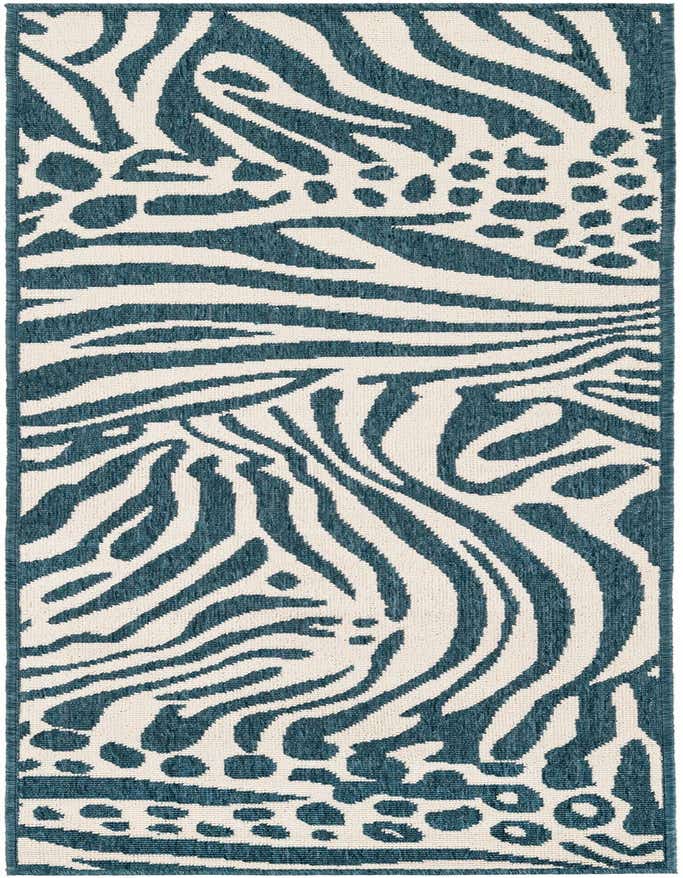 A 6 ft runner rug featuring a modern blue and ivory zebra and leopard print pattern, suitable for a hallway or patio.