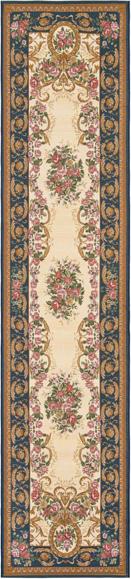 A 12 ft blue and ivory runner rug with a traditional floral medallion pattern, ideal for a hallway or patio.