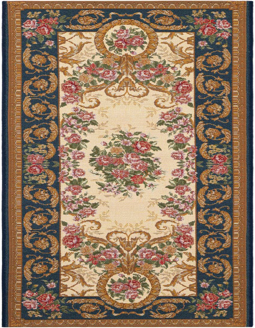 A 5 ft runner rug with a traditional medallion pattern. It features a cream background, a central floral bouquet, and a blue border with gold scrollwork and red roses.