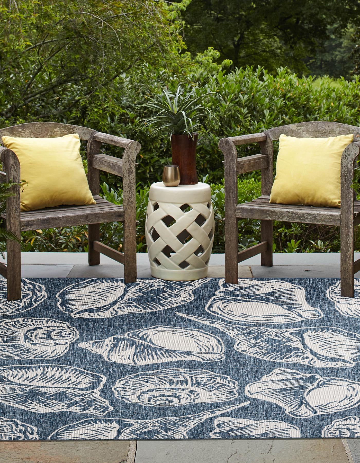 Navy Blue and Ivory 12' x 12' Coastal Indoor / Outdoor Square Rug ...