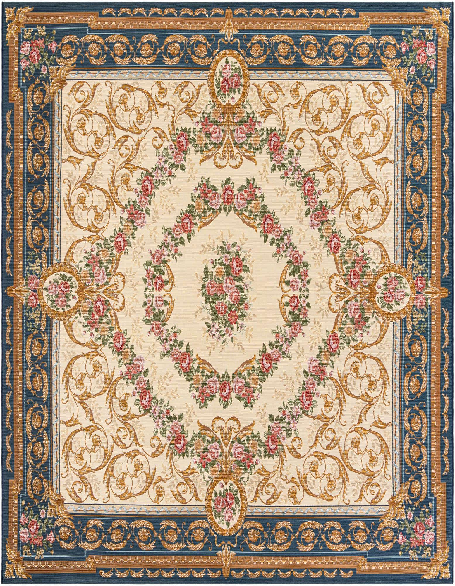 A 10' square blue and ivory traditional outdoor rug with a central floral medallion and ornate border.