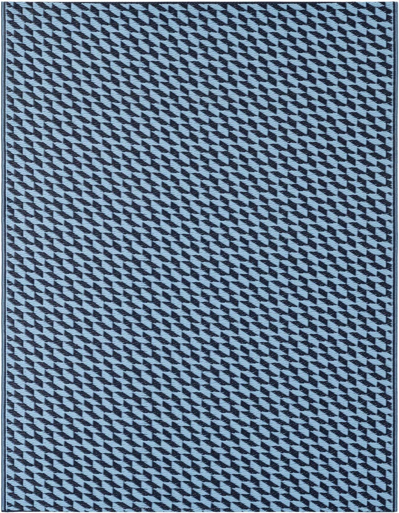 A 4x6 rectangular indoor/outdoor rug featuring a modern abstract pattern of interlocking navy blue and light blue geometric shapes.