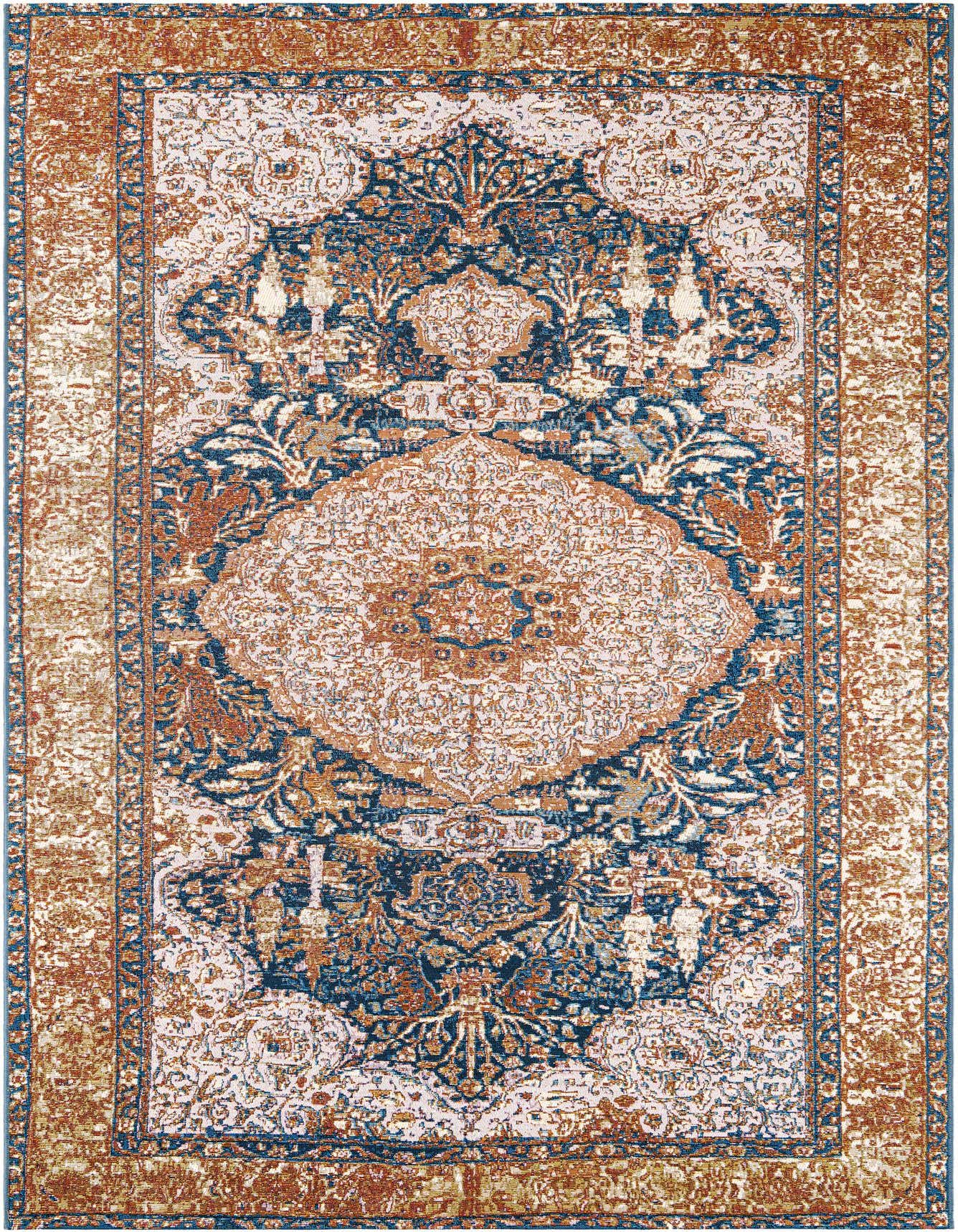 A 6x9 rectangular Rugs.com Outdoor Traditional rug in navy blue and light pink with an ornate medallion and floral pattern, suitable for indoor or outdoor use.
