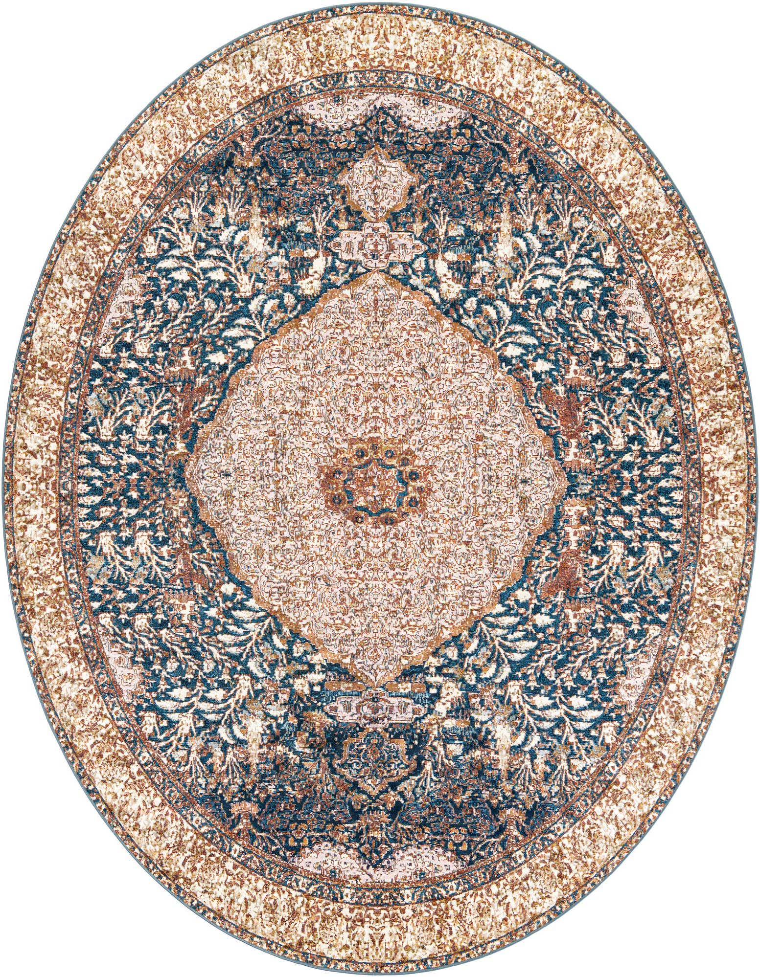 A 10' round navy blue and light pink Oriental rug with a central medallion and intricate floral patterns, suitable for indoor/outdoor use.