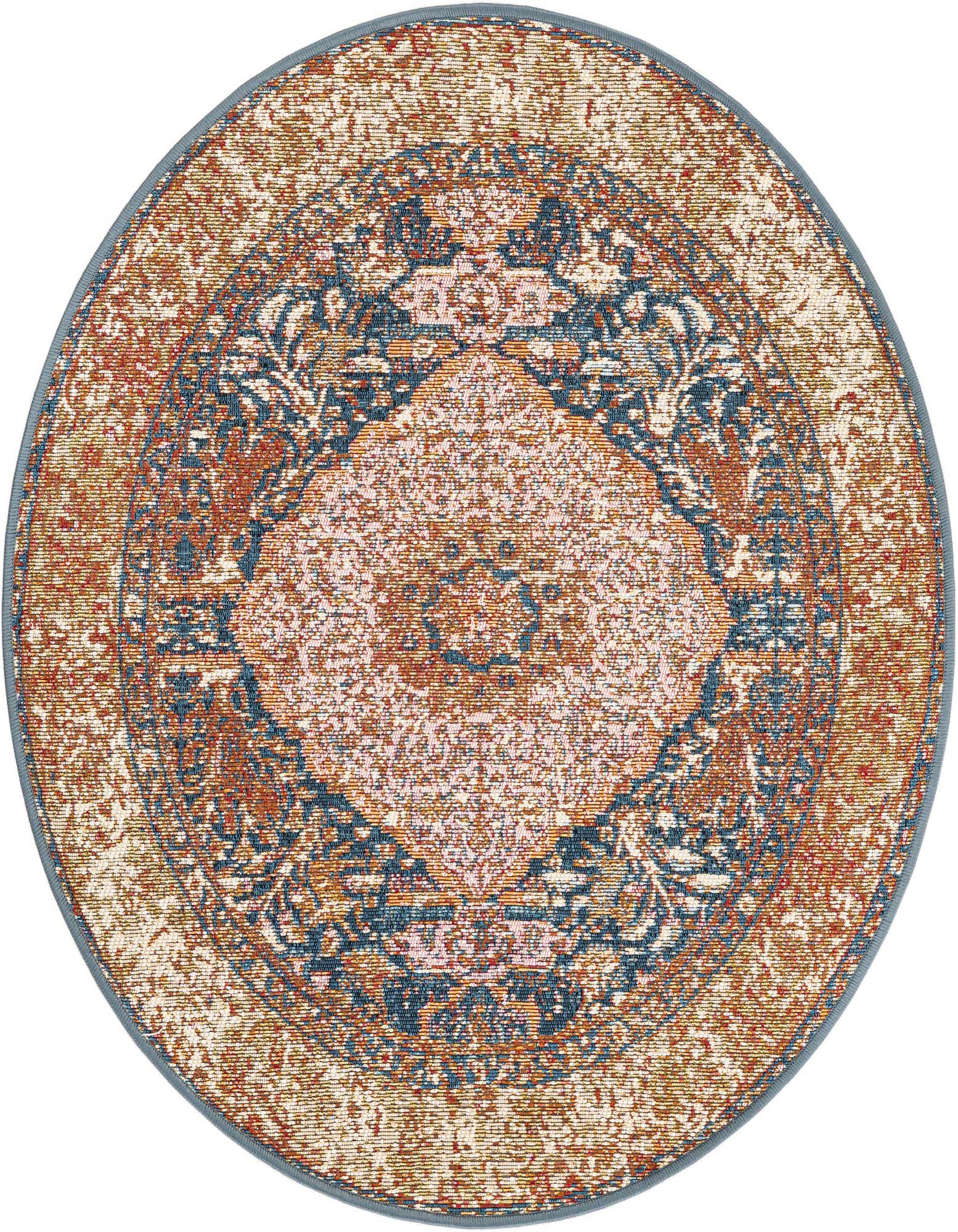 A 3' round indoor/outdoor rug with a traditional medallion pattern in navy blue, light pink, and rust tones.