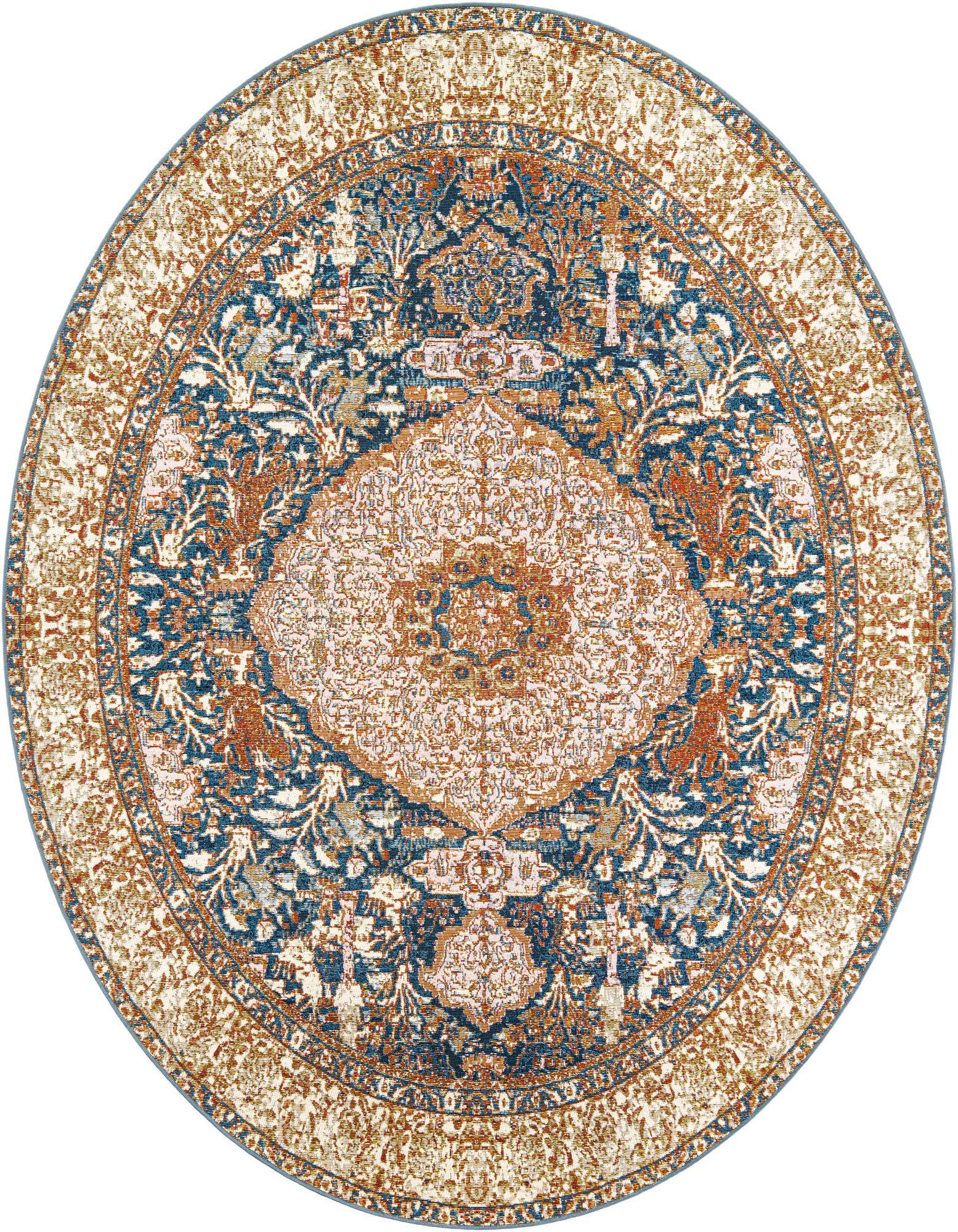 A round 7' 10" x 7' 10" Rugs.com Outdoor Traditional rug featuring a detailed navy blue, light pink, and rust orange Oriental medallion pattern.