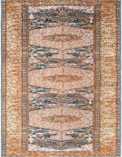 A 12 ft runner rug in navy blue and light pink with an Oriental pattern, suitable for hallways or patios.