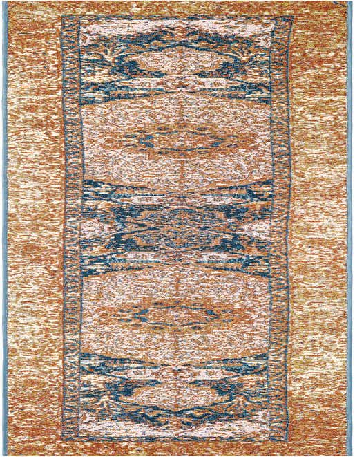 8 ft runner rug with a distressed navy blue and light pink medallion pattern on a textured orange-brown background.