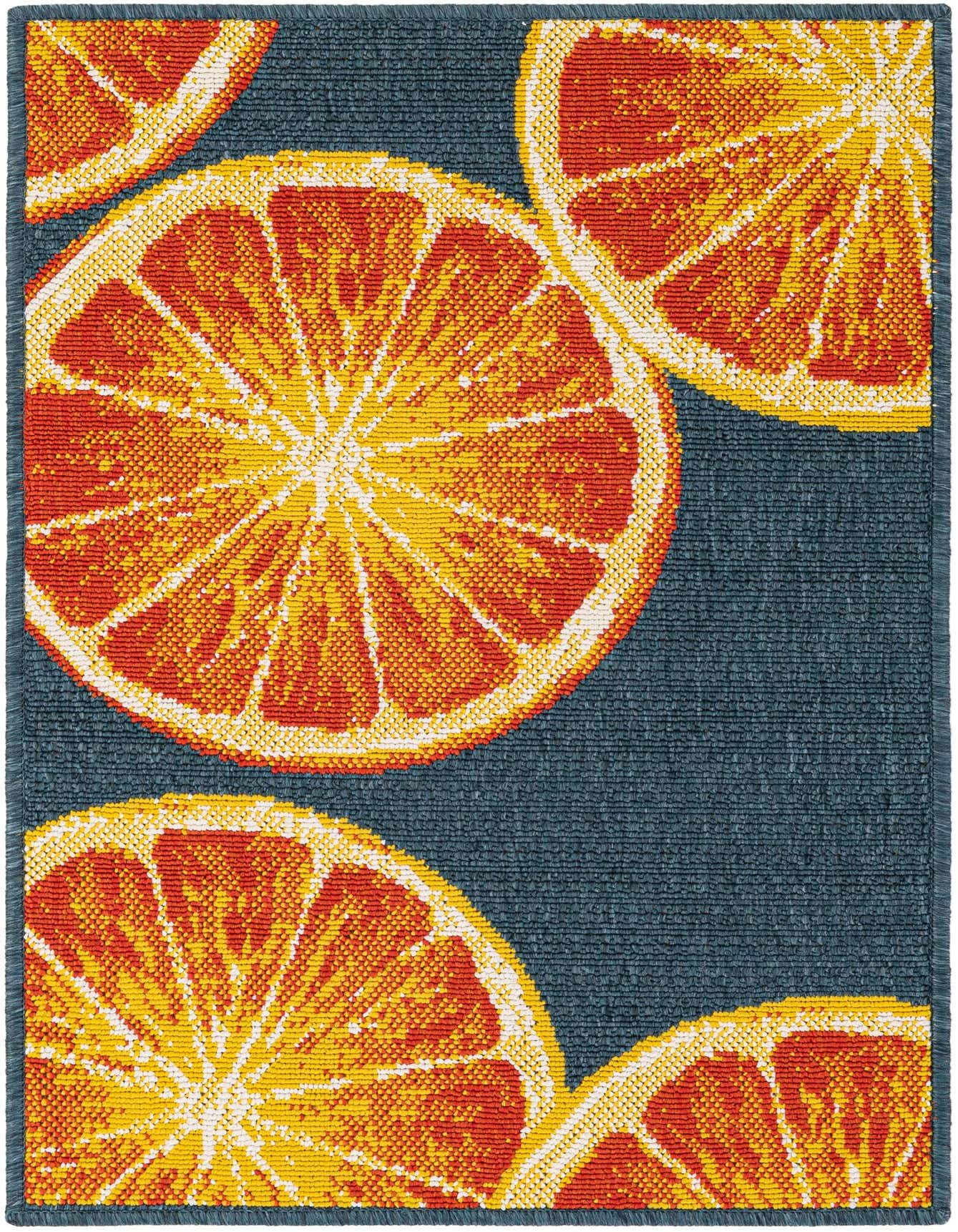 A 2x3 rectangular rug with a navy blue background featuring large, vibrant orange and yellow citrus slices.