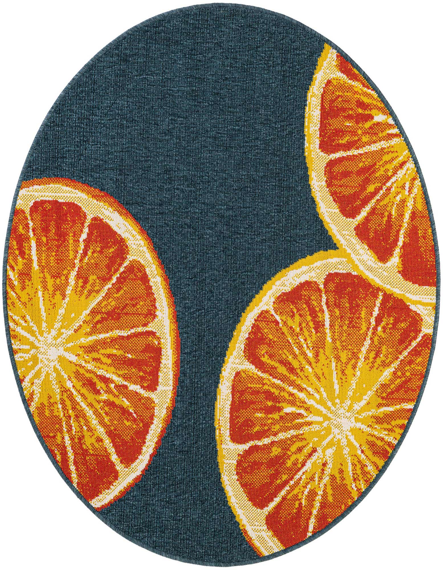 A round navy blue rug featuring three vibrant orange and yellow citrus slices, perfect for a patio.