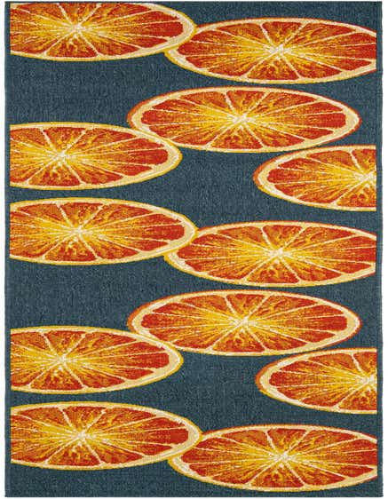A 12 ft runner rug with a navy blue background featuring a repeating pattern of bright orange and yellow citrus slices, ideal for a hallway or patio.