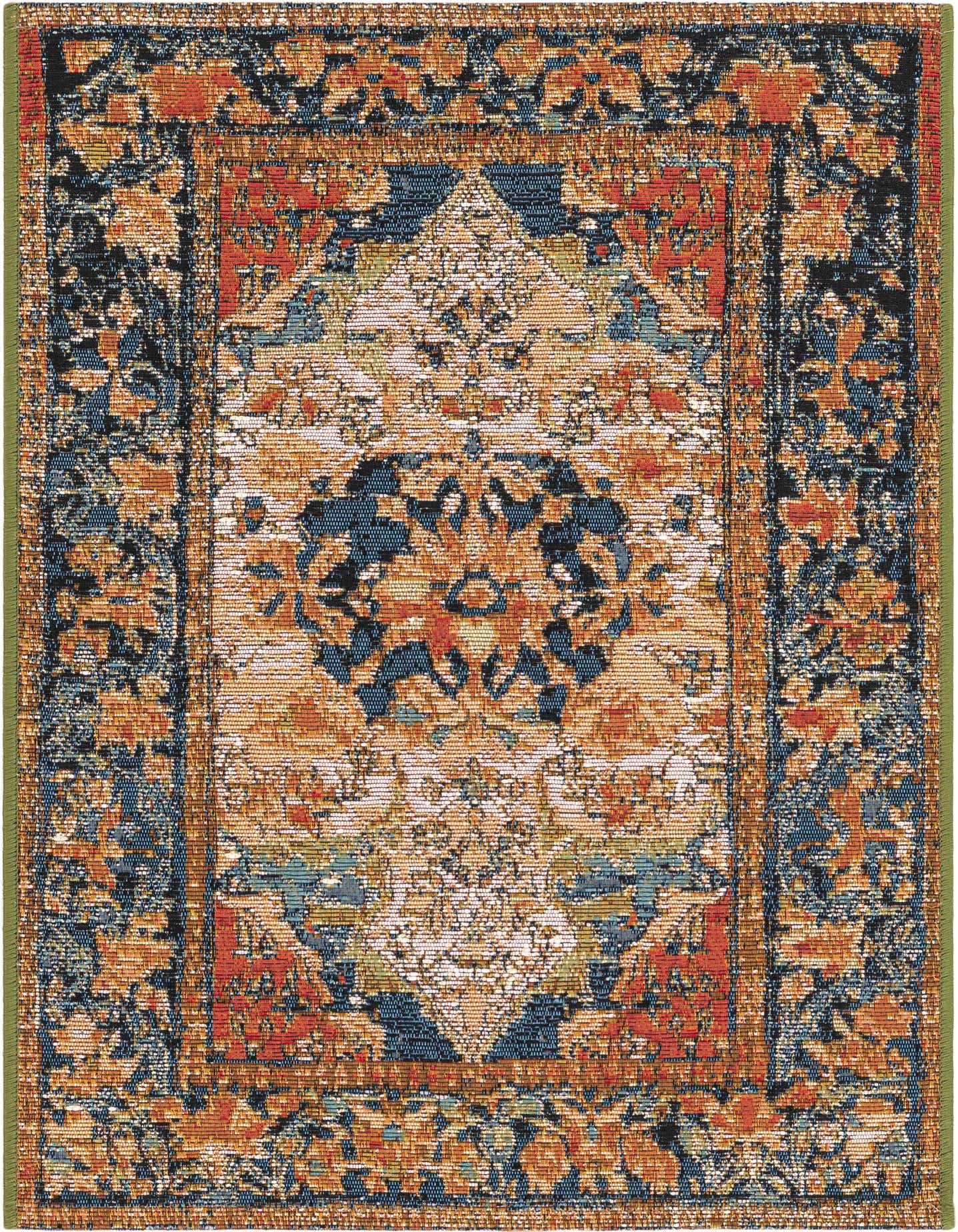A 2x3 rectangular indoor/outdoor rug featuring a traditional medallion pattern in navy blue, rust red, and gold tones.
