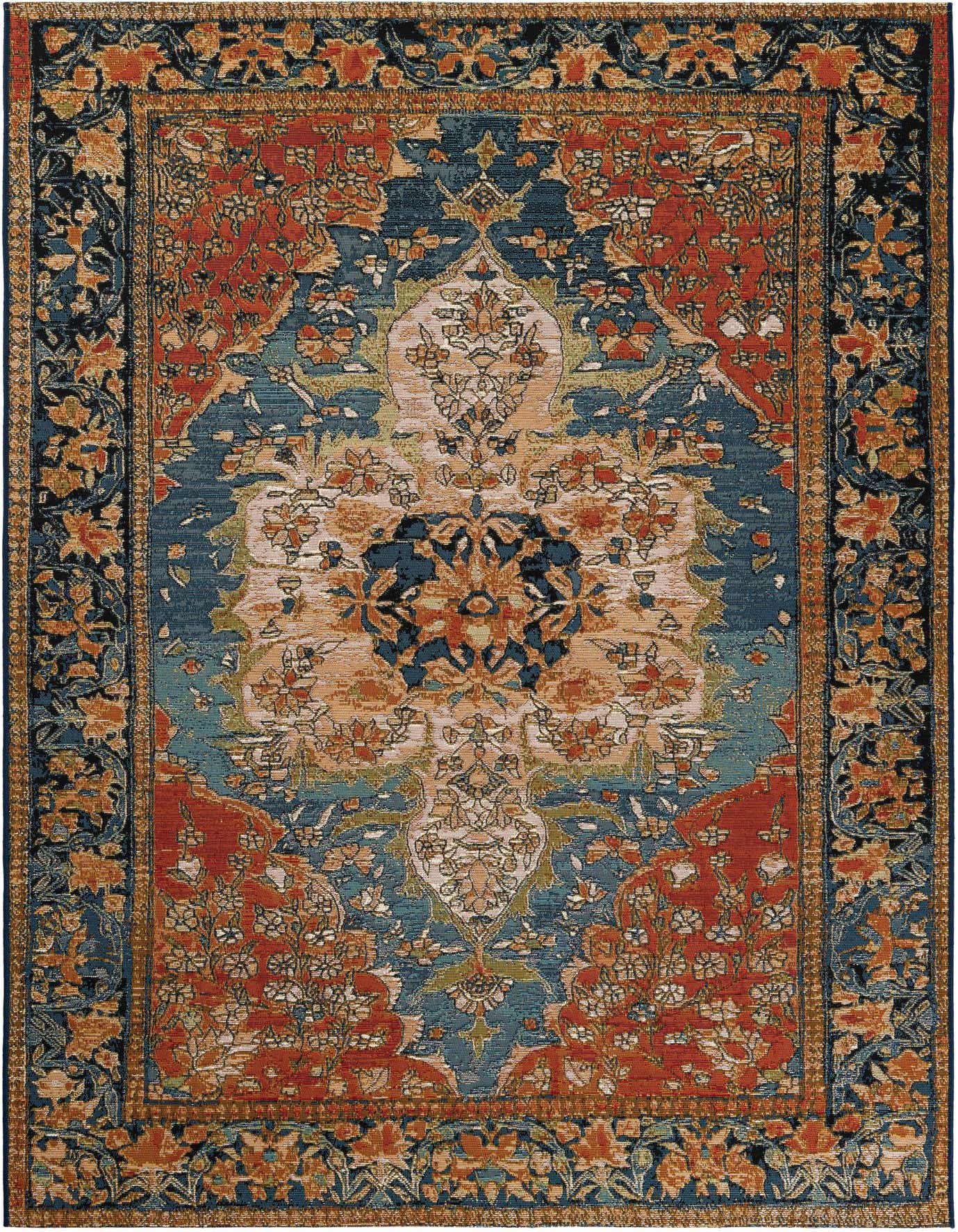 A 5x8 rectangular navy blue and rust red traditional medallion rug with an ornate border, suitable for indoor or outdoor use.