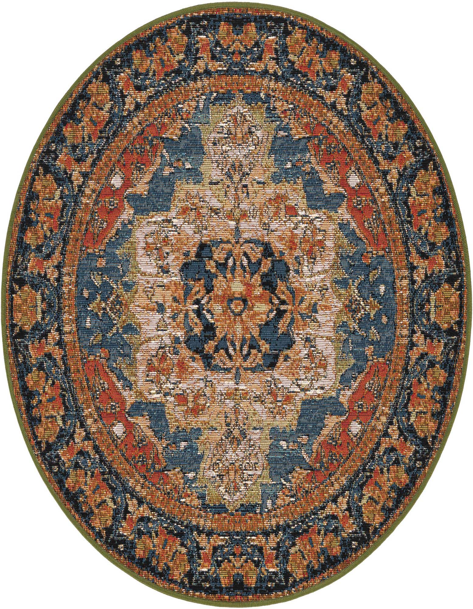 A 3' round navy blue and rust red traditional medallion rug with an olive green border, suitable for indoor or outdoor use.