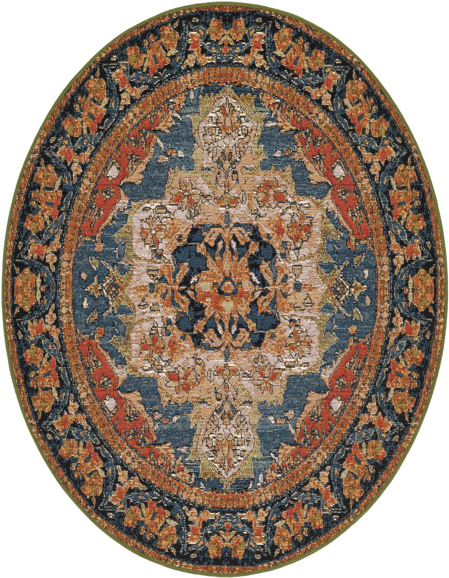 A 4' round navy blue and rust red traditional medallion rug with an intricate pattern, suitable for indoor or outdoor use.