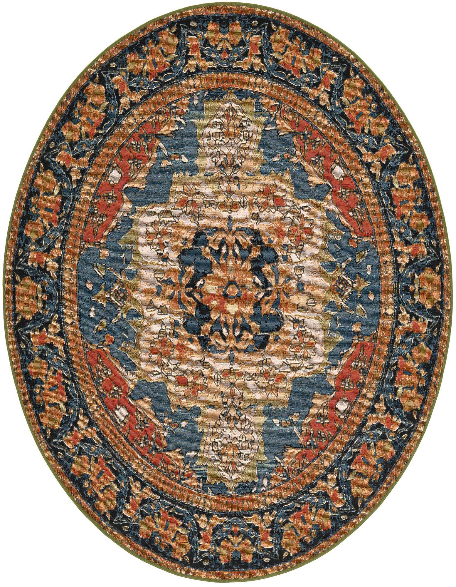A 5' round navy blue and rust red modern rug with a distressed traditional pattern, suitable for indoor or outdoor use.