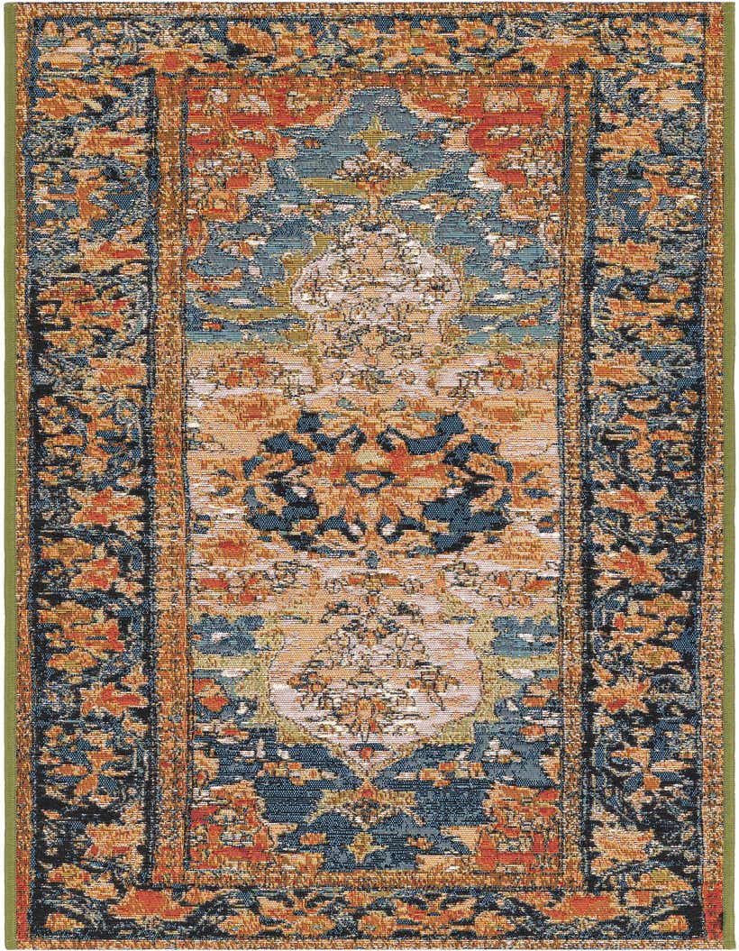 A 5 ft runner rug in navy blue and rust red, featuring a traditional medallion pattern with a textured flatweave.