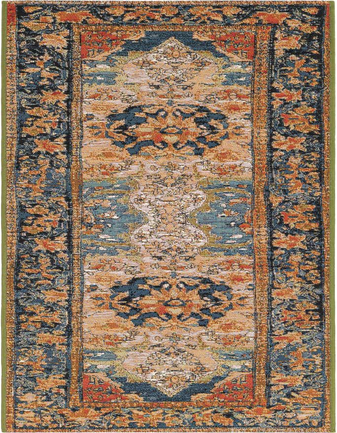 A 6 ft runner rug with a traditional medallion pattern in navy blue, rust red, and cream, suitable for hallways or patios.