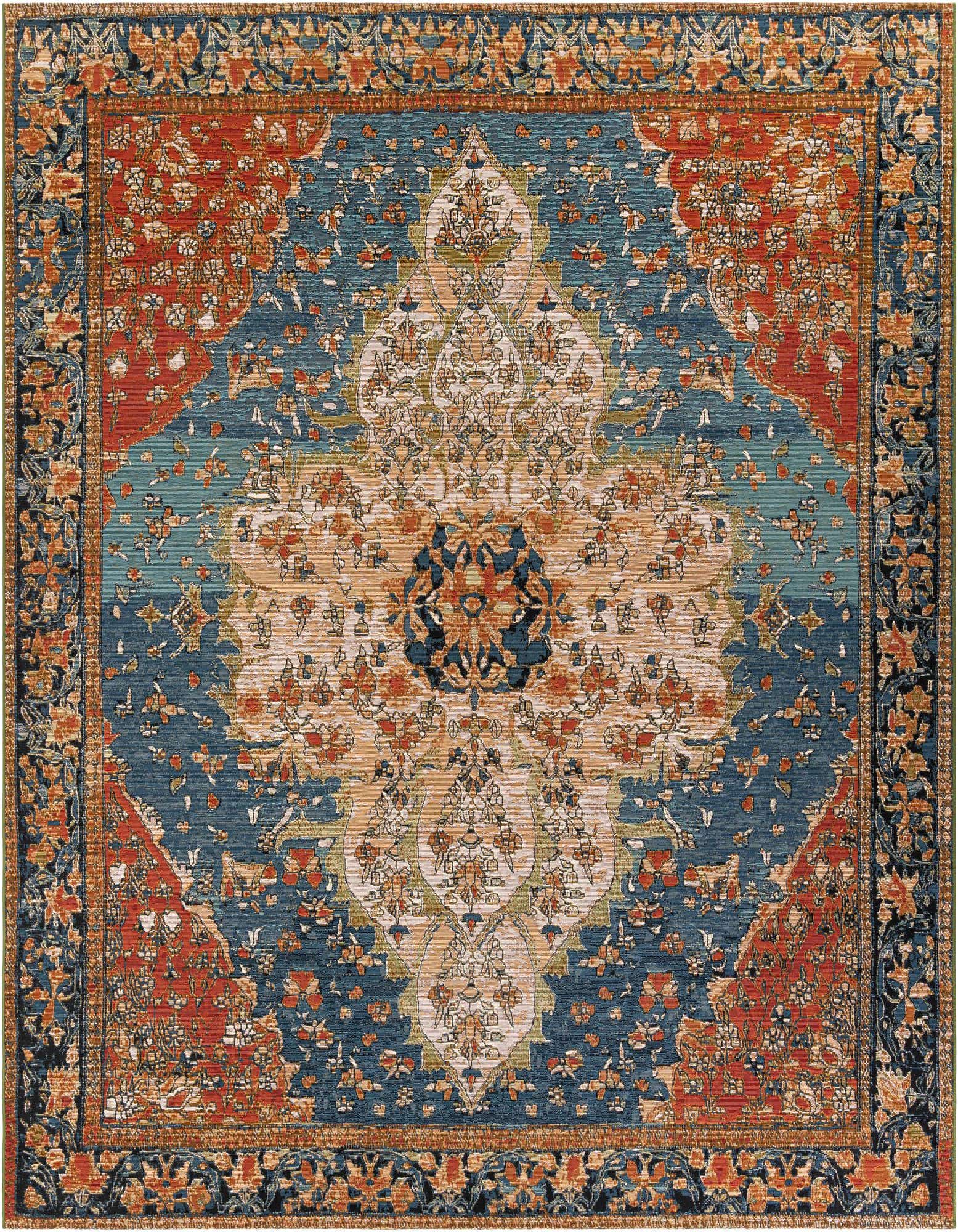 A 10' square navy blue and rust red modern oriental rug with a central medallion and ornate border, suitable for a patio.