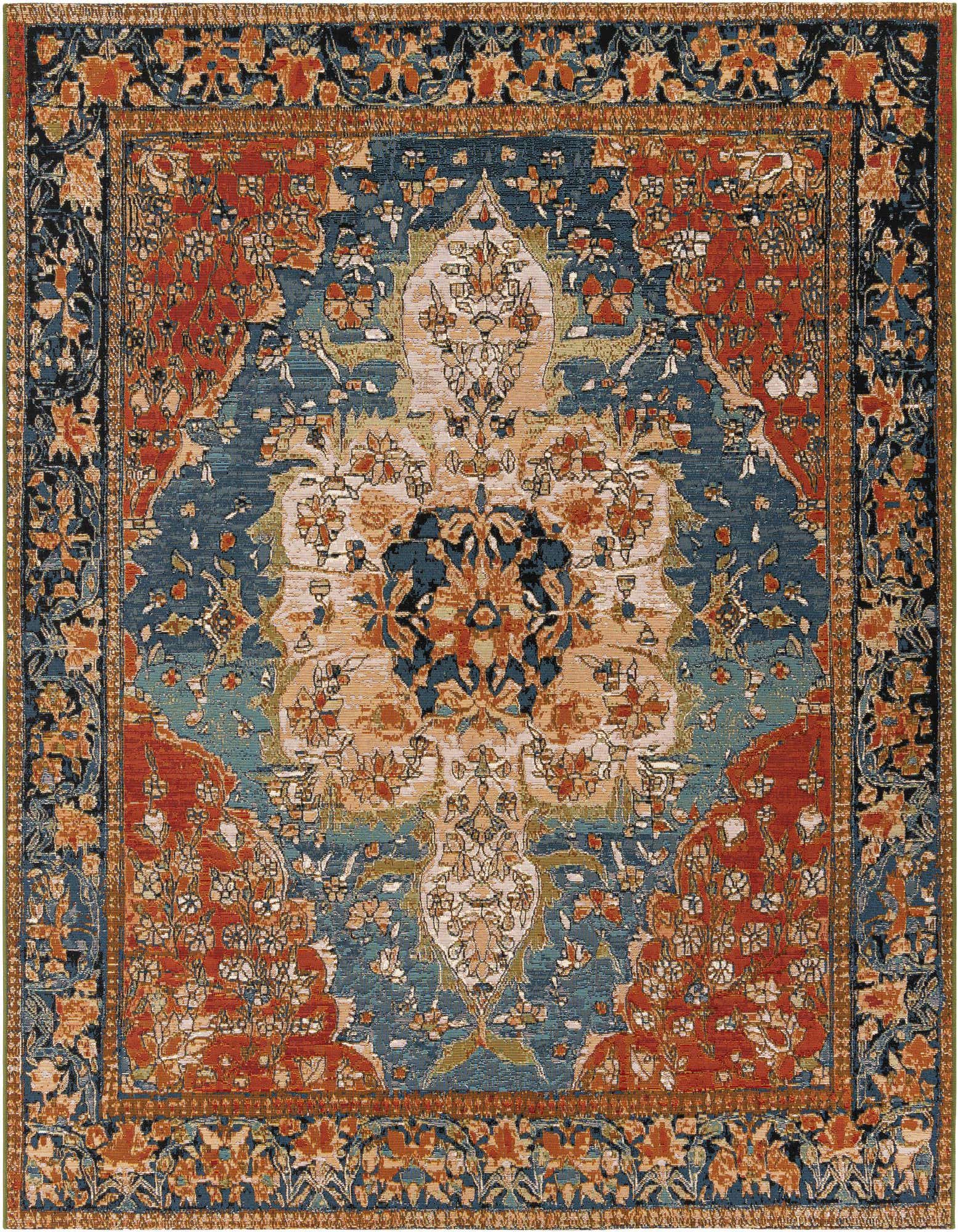 A 7' 10 x 7' 10 square navy blue and rust red traditional medallion rug with an ornate border, suitable for indoor or outdoor use.