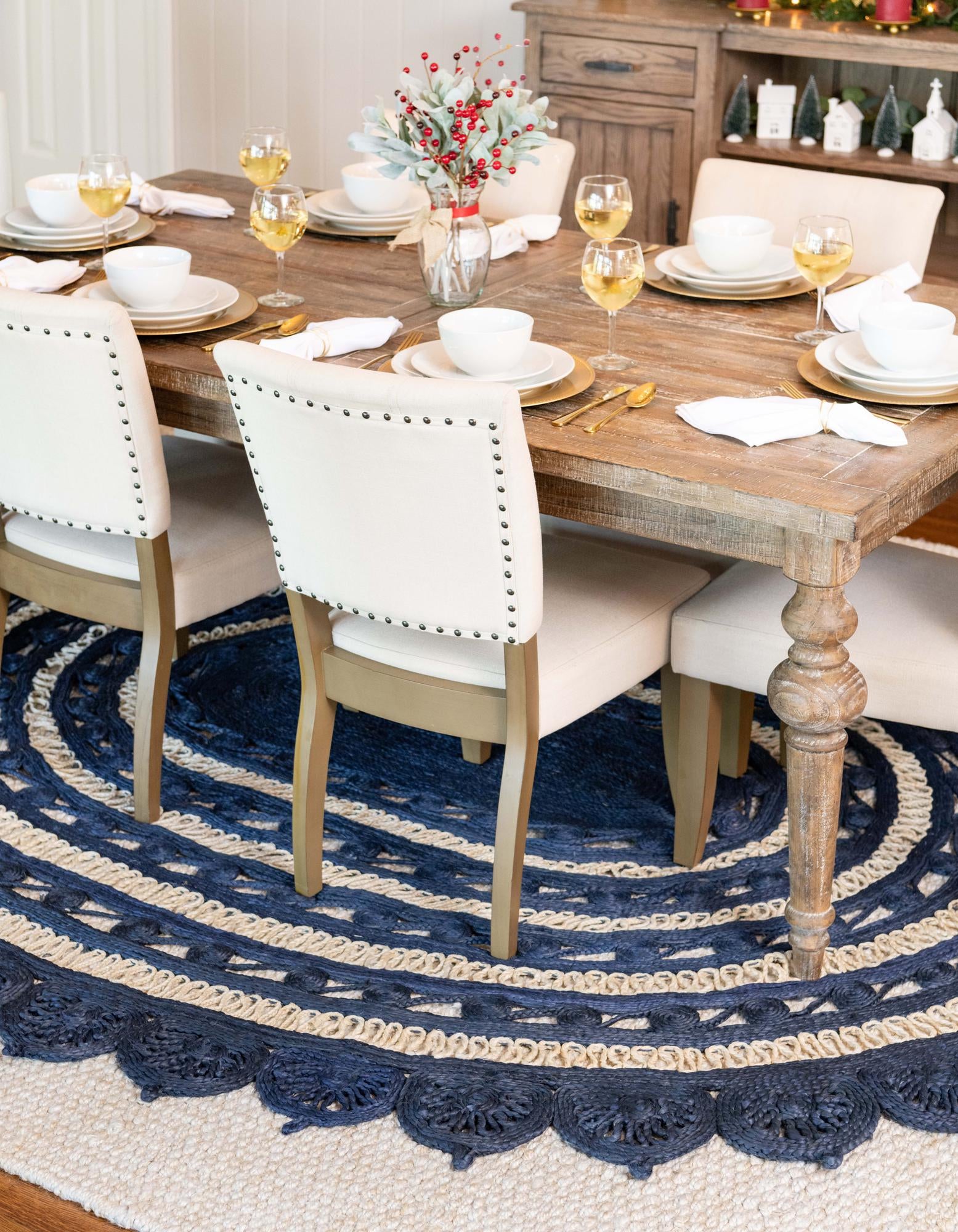 Navy Blue and White 3' 1 x 5' 1 Hand Braided Jute Oval Rug | Rugs.com