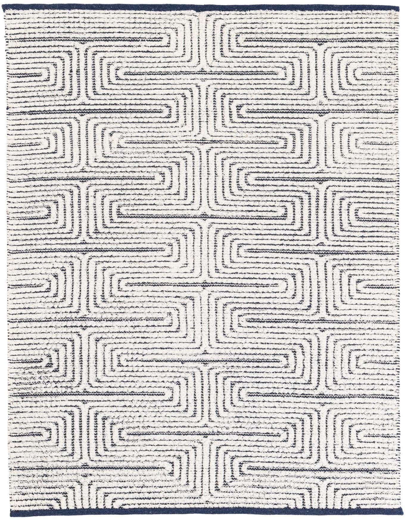 A 4x6 rectangular indoor rug featuring a modern geometric maze pattern in navy blue on a white background, with a solid navy border.