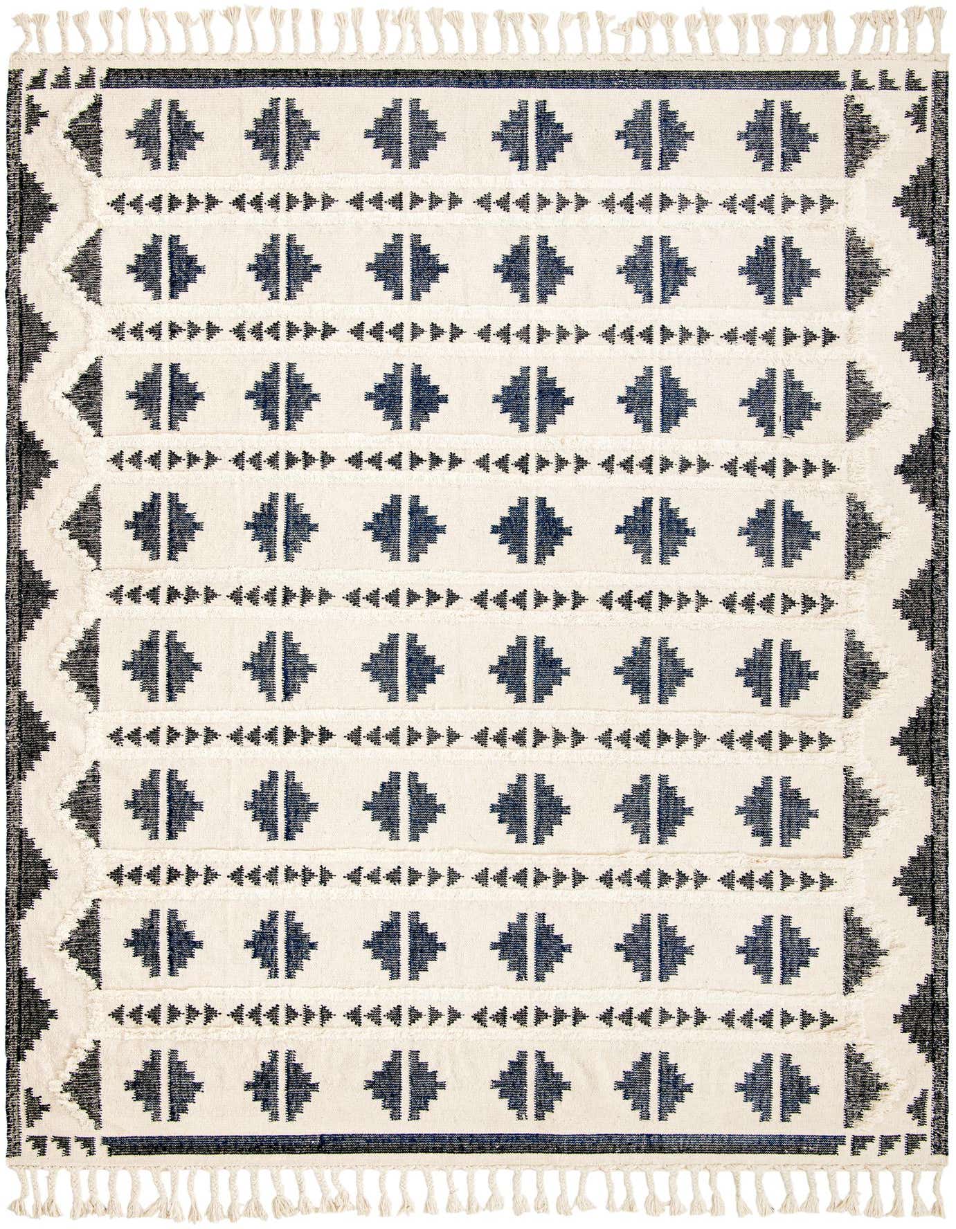 A 10x14 rectangular Rugs.com Arizona rug with a shag pile. It features a modern tribal pattern in blues and whites, with tassels along the short edges.