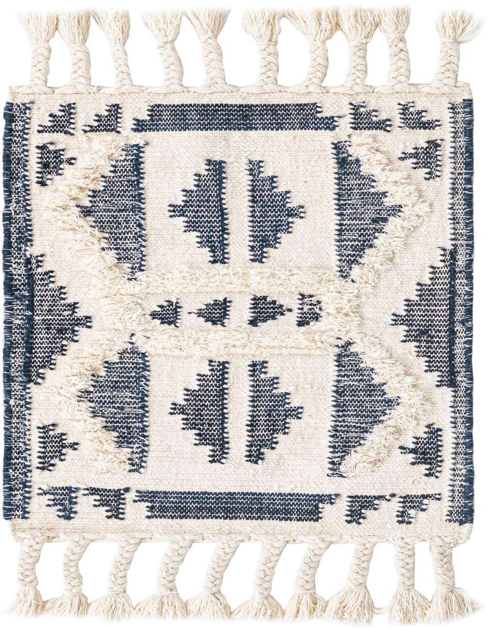 A 2x3 rectangular Rugs.com Arizona rug featuring a modern tribal pattern in deep blues and off-white, with decorative braided tassels.