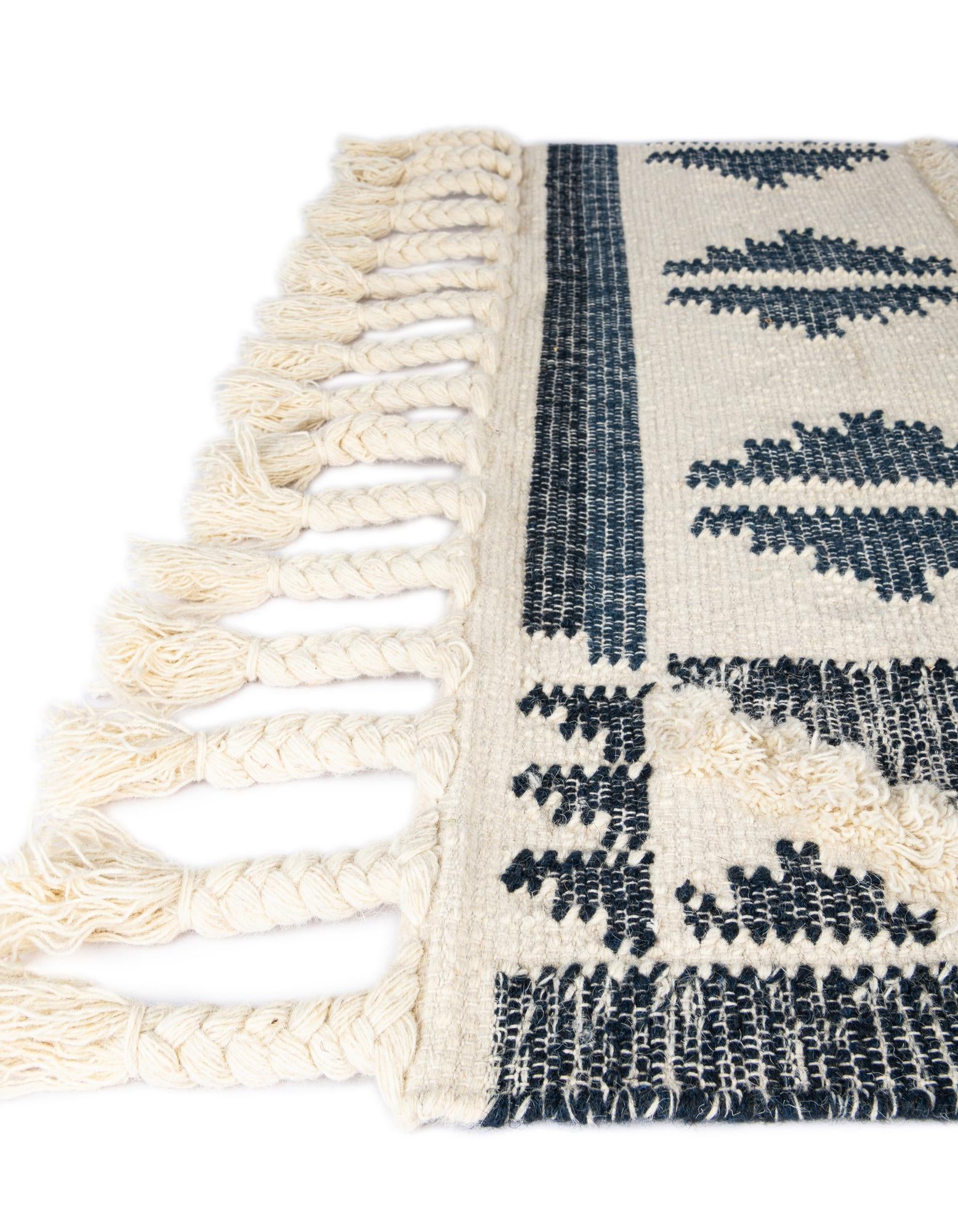  Custom Navy Blue and White  Hand Woven Arizona Wool Rug
